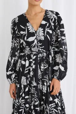 Stories be Told Aria Black & White LS V Neck Tiered Maxi Dress