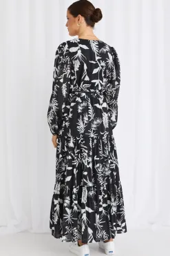 Stories be Told Aria Black & White LS V Neck Tiered Maxi Dress