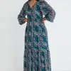 Among the Brave Aroha Forest Leaves LS V Neck Tiered Tie Waist Maxi Dress