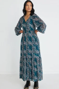 Among the Brave Aroha Forest Leaves LS V Neck Tiered Tie Waist Maxi Dress