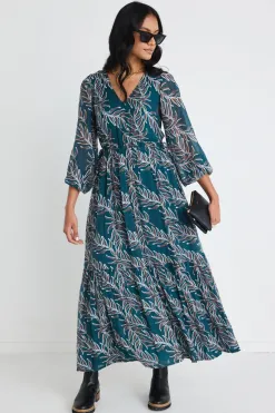 Among the Brave Aroha Forest Leaves LS V Neck Tiered Tie Waist Maxi Dress