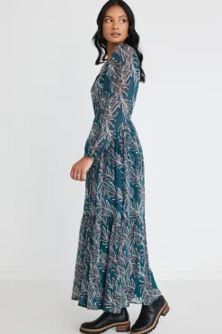Among the Brave Aroha Forest Leaves LS V Neck Tiered Tie Waist Maxi Dress