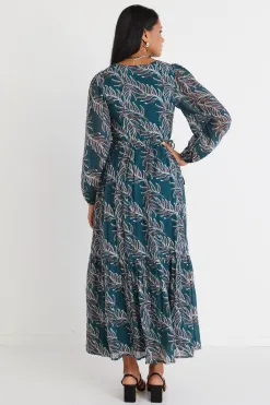 Among the Brave Aroha Forest Leaves LS V Neck Tiered Tie Waist Maxi Dress