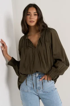 Ivy + Jack Artist Olive Voile LS Tie Front Relaxed Gathered Top