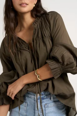 Ivy + Jack Artist Olive Voile LS Tie Front Relaxed Gathered Top