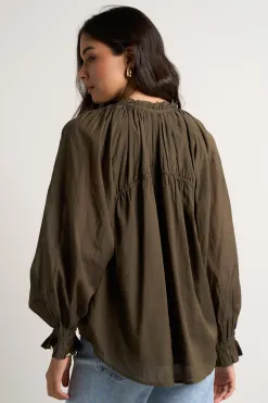 Ivy + Jack Artist Olive Voile LS Tie Front Relaxed Gathered Top