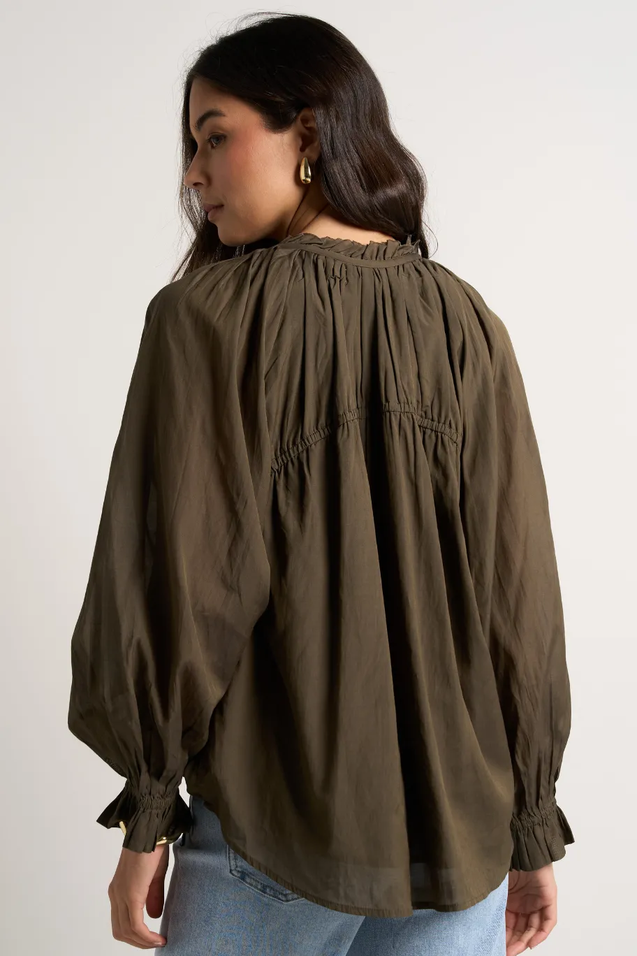 Ivy + Jack Artist Olive Voile LS Tie Front Relaxed Gathered Top