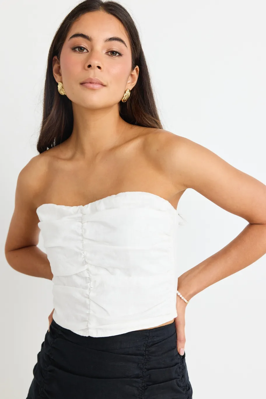Stories be Told Ascend White Linen Strapless Rouched Top