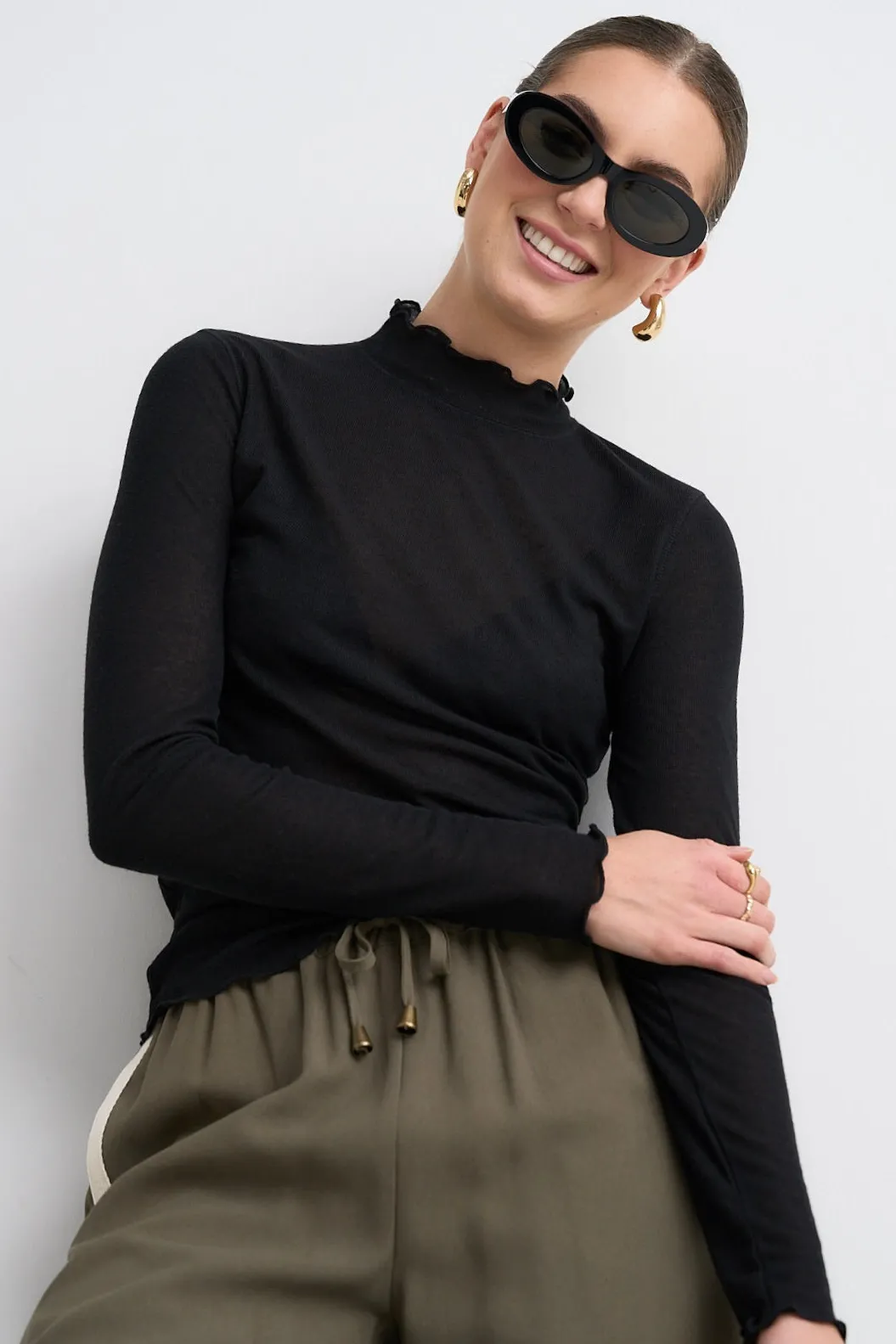 Among the Brave Asher Black LS Lettuce Edge Knit Top