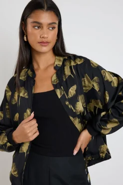 Ivy + Jack Aspire Black Khaki Floral Satin Bomber Jacket