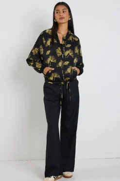 Ivy + Jack Aspire Black Khaki Floral Satin Bomber Jacket