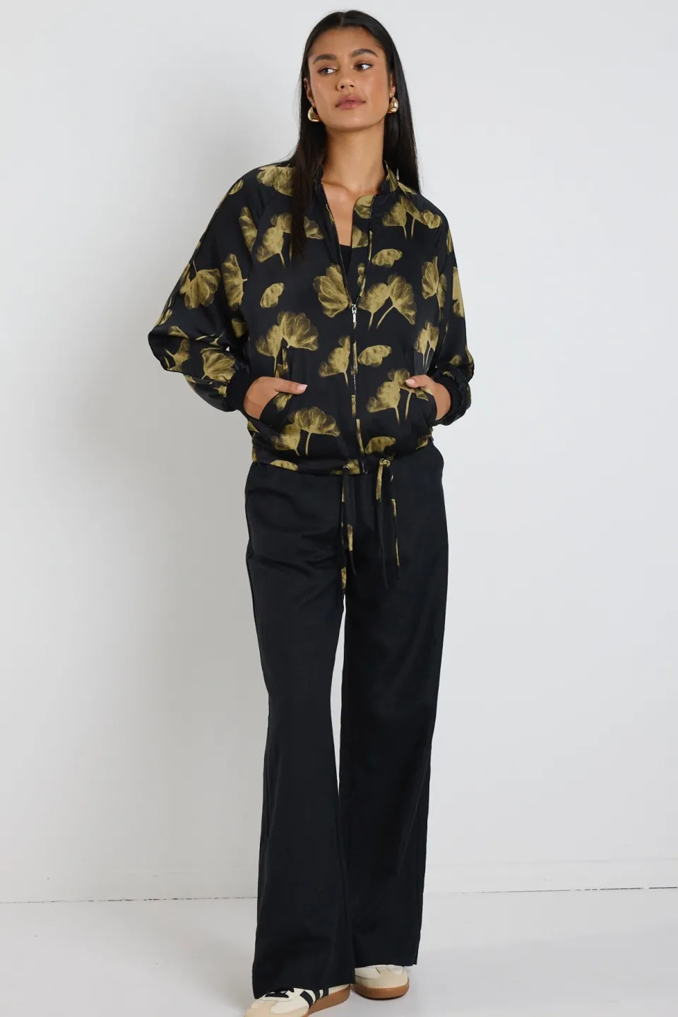 Ivy + Jack Aspire Black Khaki Floral Satin Bomber Jacket