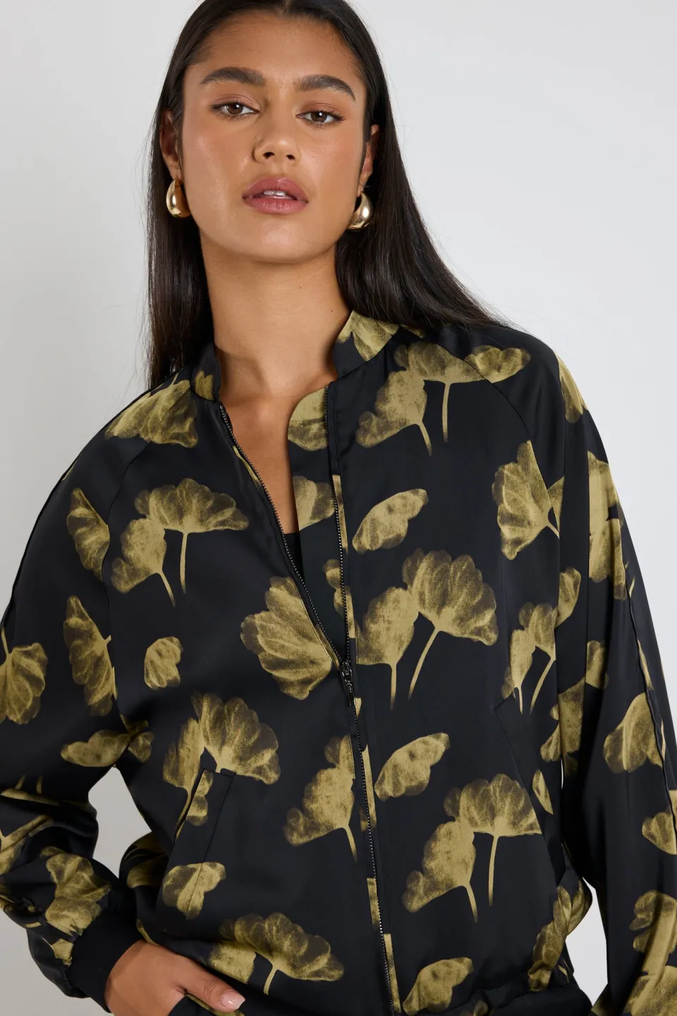 Ivy + Jack Aspire Black Khaki Floral Satin Bomber Jacket