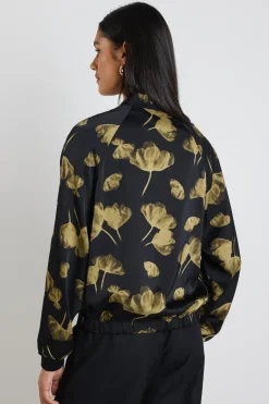 Ivy + Jack Aspire Black Khaki Floral Satin Bomber Jacket