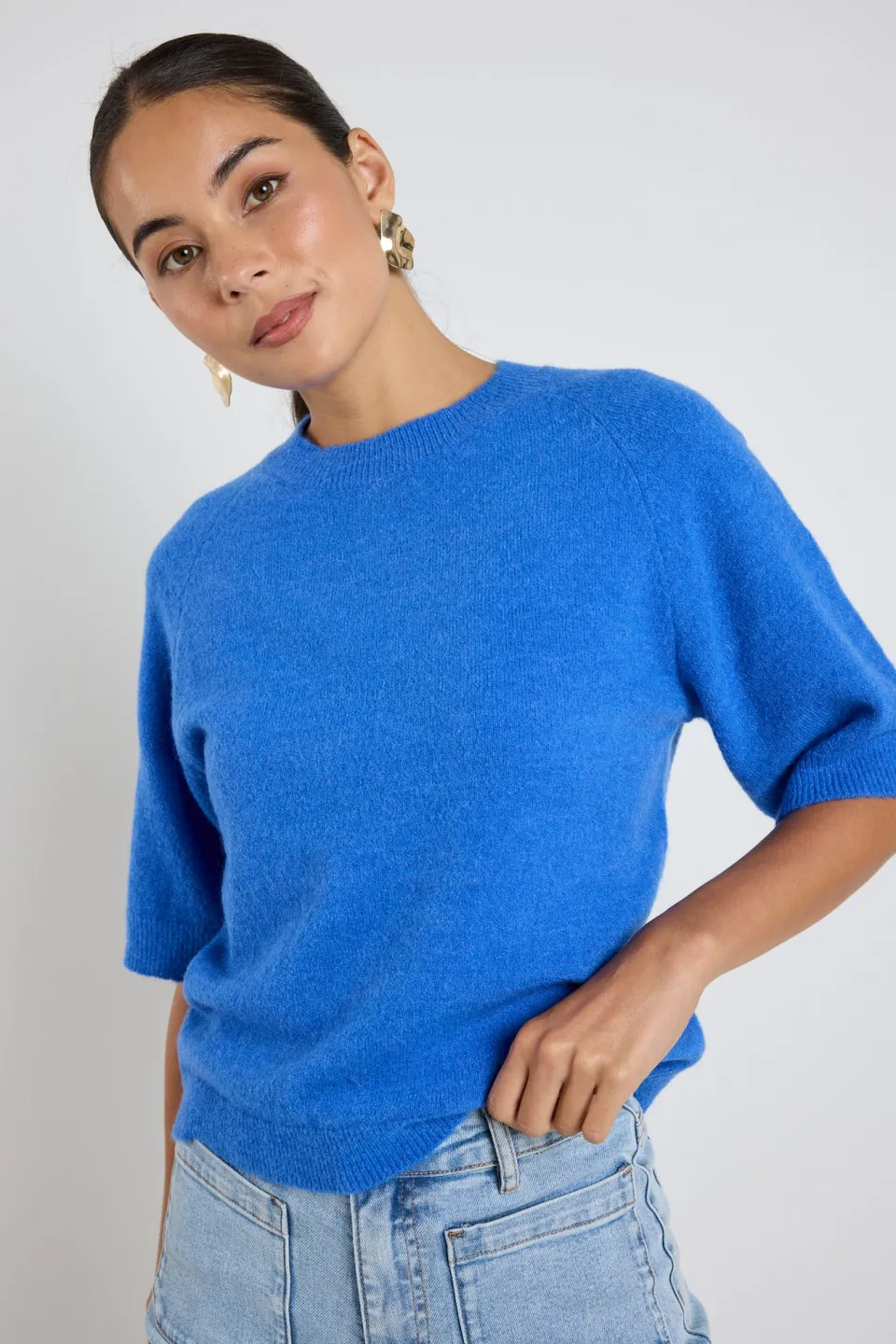 Among the Brave Assemble Azure Blue Alpaca Blend Raglan Knit Tee