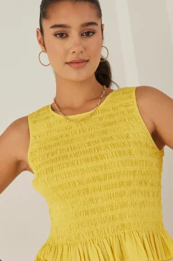 Among the Brave Assertive Sunshine Yellow Shirred Poplin Sleeveless Shell Top