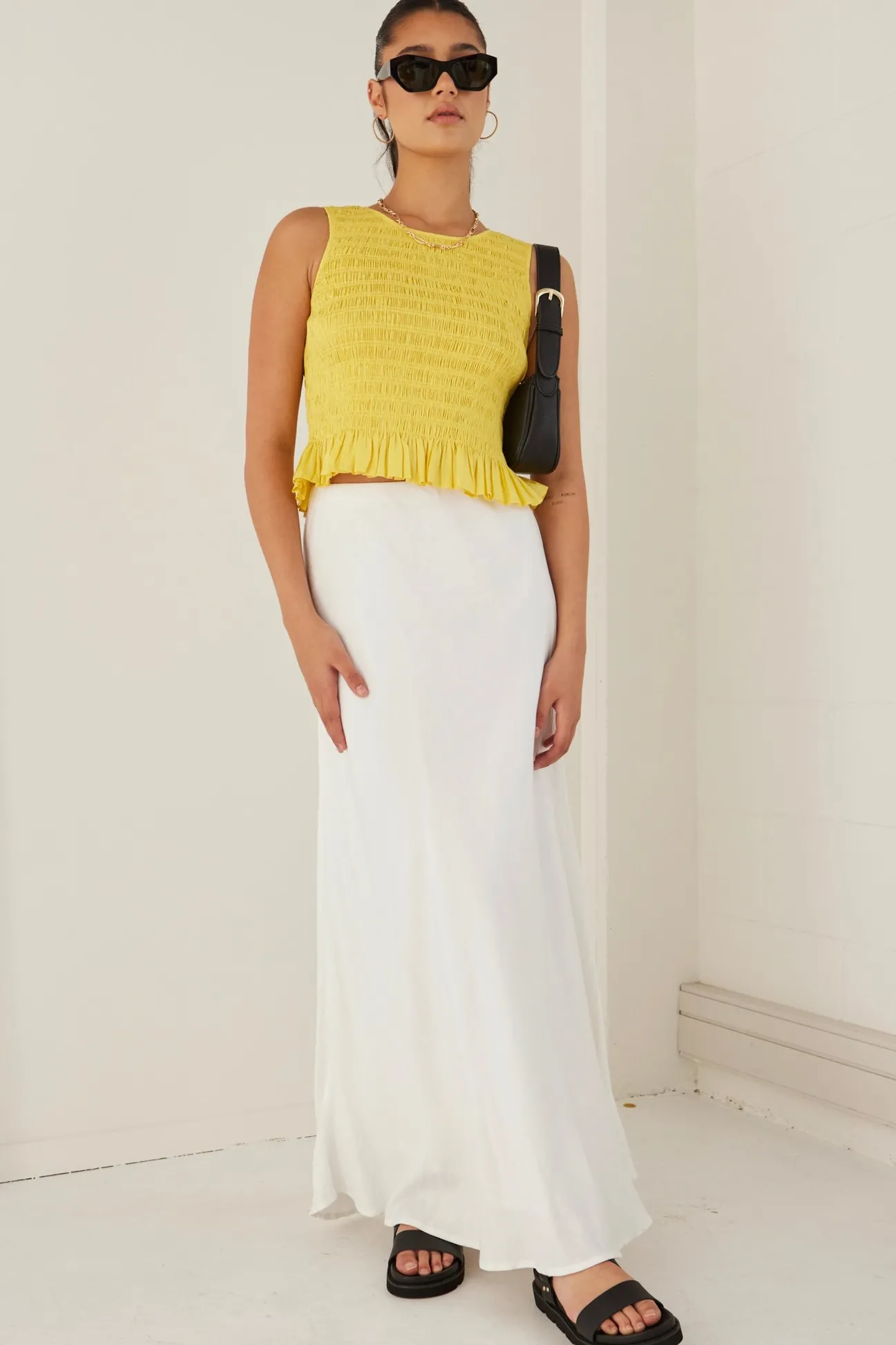 Among the Brave Assertive Sunshine Yellow Shirred Poplin Sleeveless Shell Top