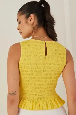 Among the Brave Assertive Sunshine Yellow Shirred Poplin Sleeveless Shell Top
