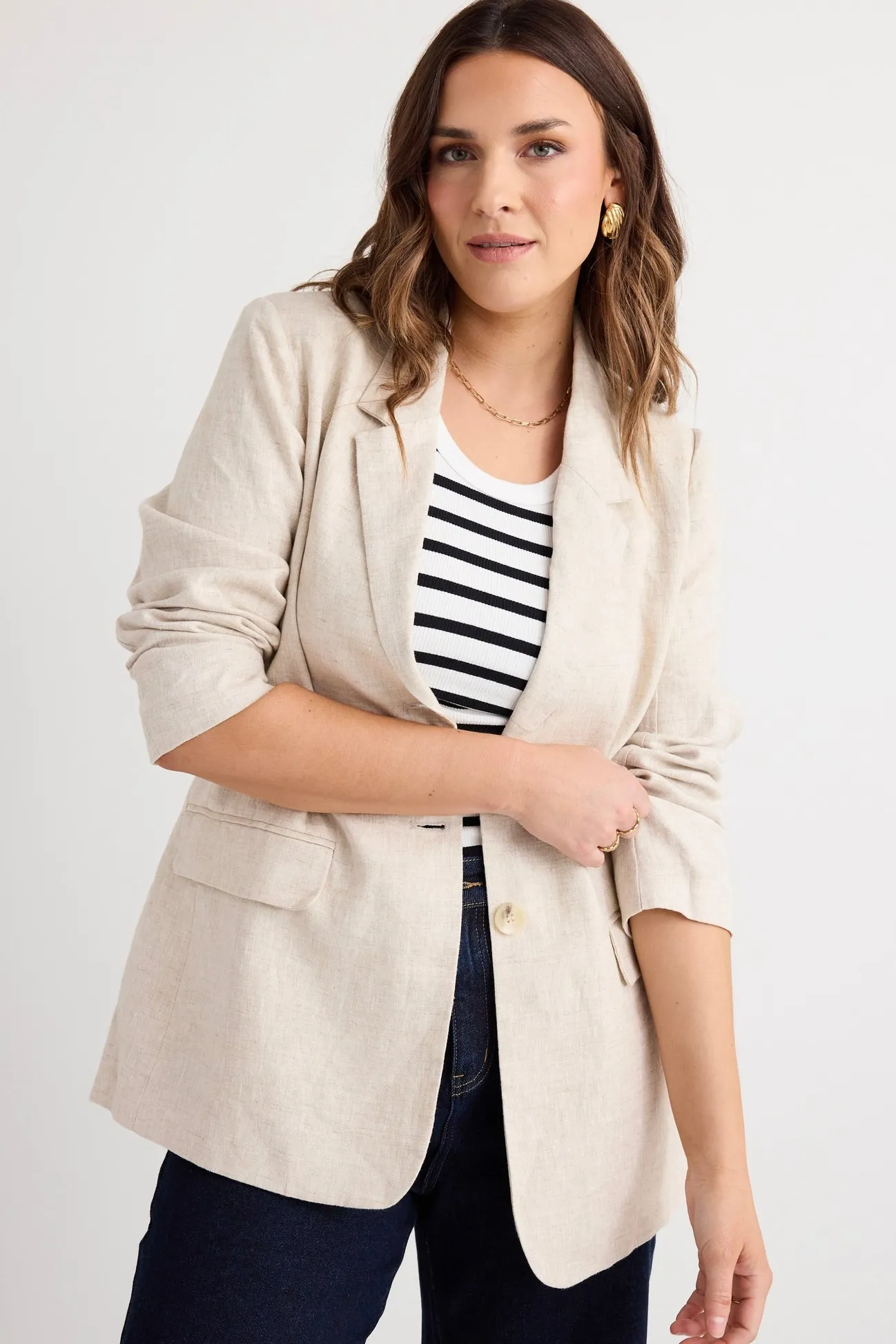 RE:UNION Label Aster Natural Linen Single Breasted Longline Blazer