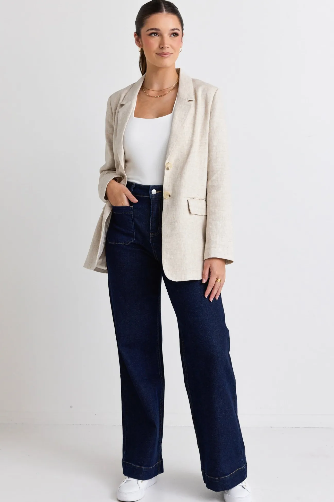 RE:UNION Label Aster Natural Linen Single Breasted Longline Blazer