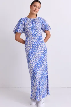Stories be Told Astrid Blue Floral Puff Sleeve Bias Maxi Dress