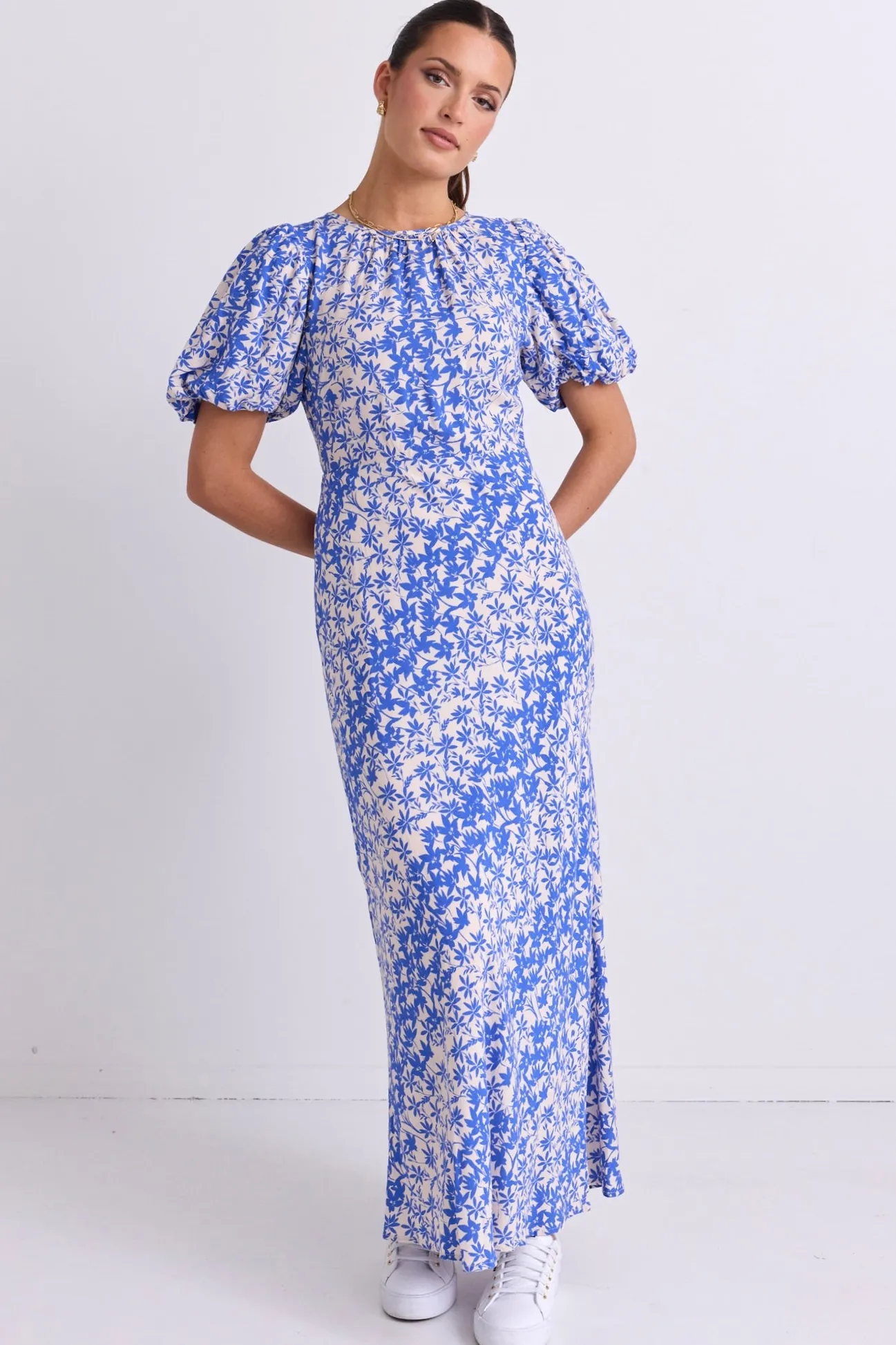 Stories be Told Astrid Blue Floral Puff Sleeve Bias Maxi Dress