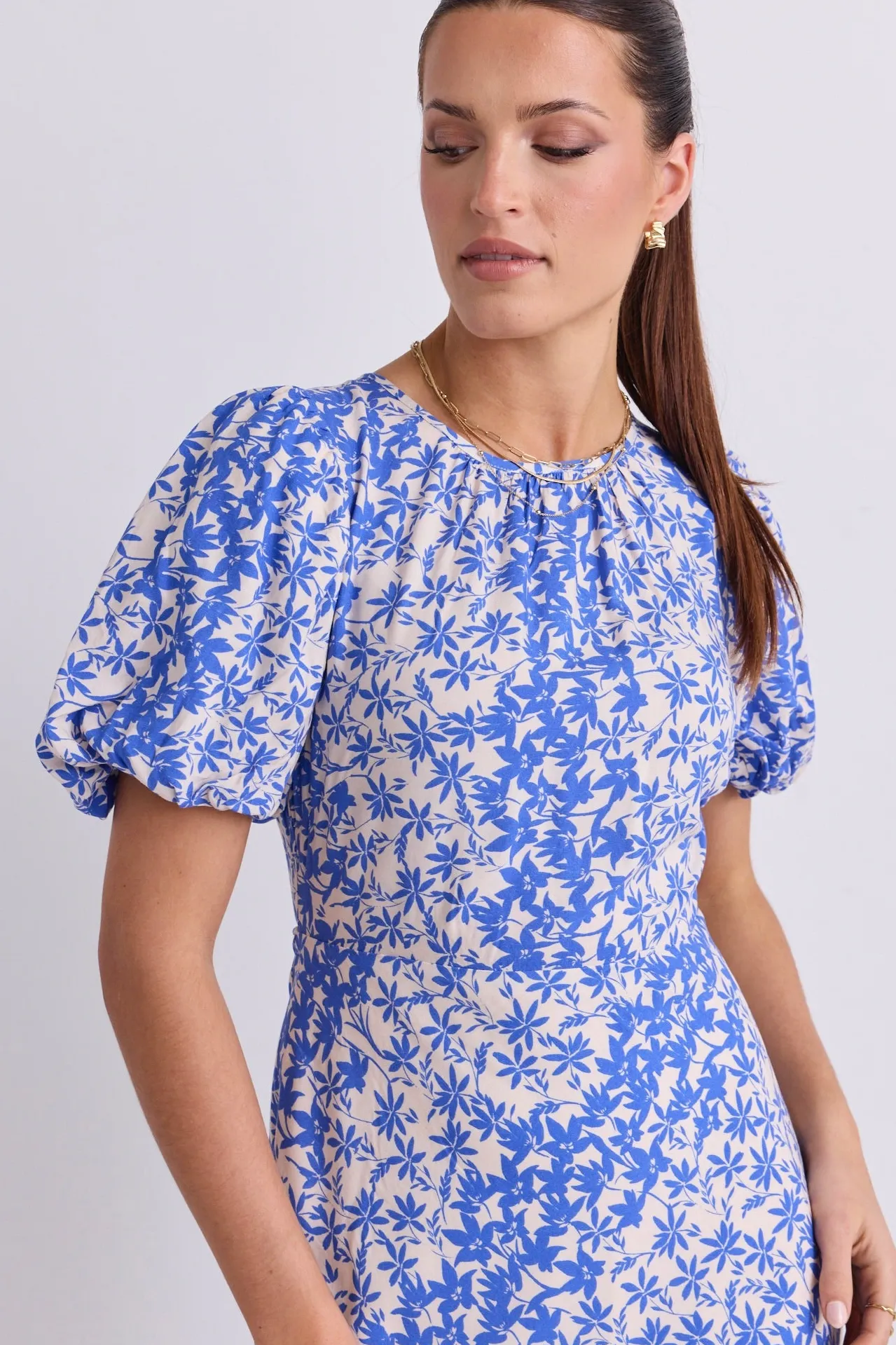 Stories be Told Astrid Blue Floral Puff Sleeve Bias Maxi Dress