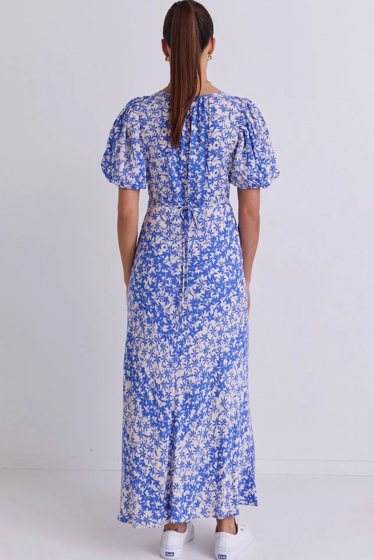 Stories be Told Astrid Blue Floral Puff Sleeve Bias Maxi Dress