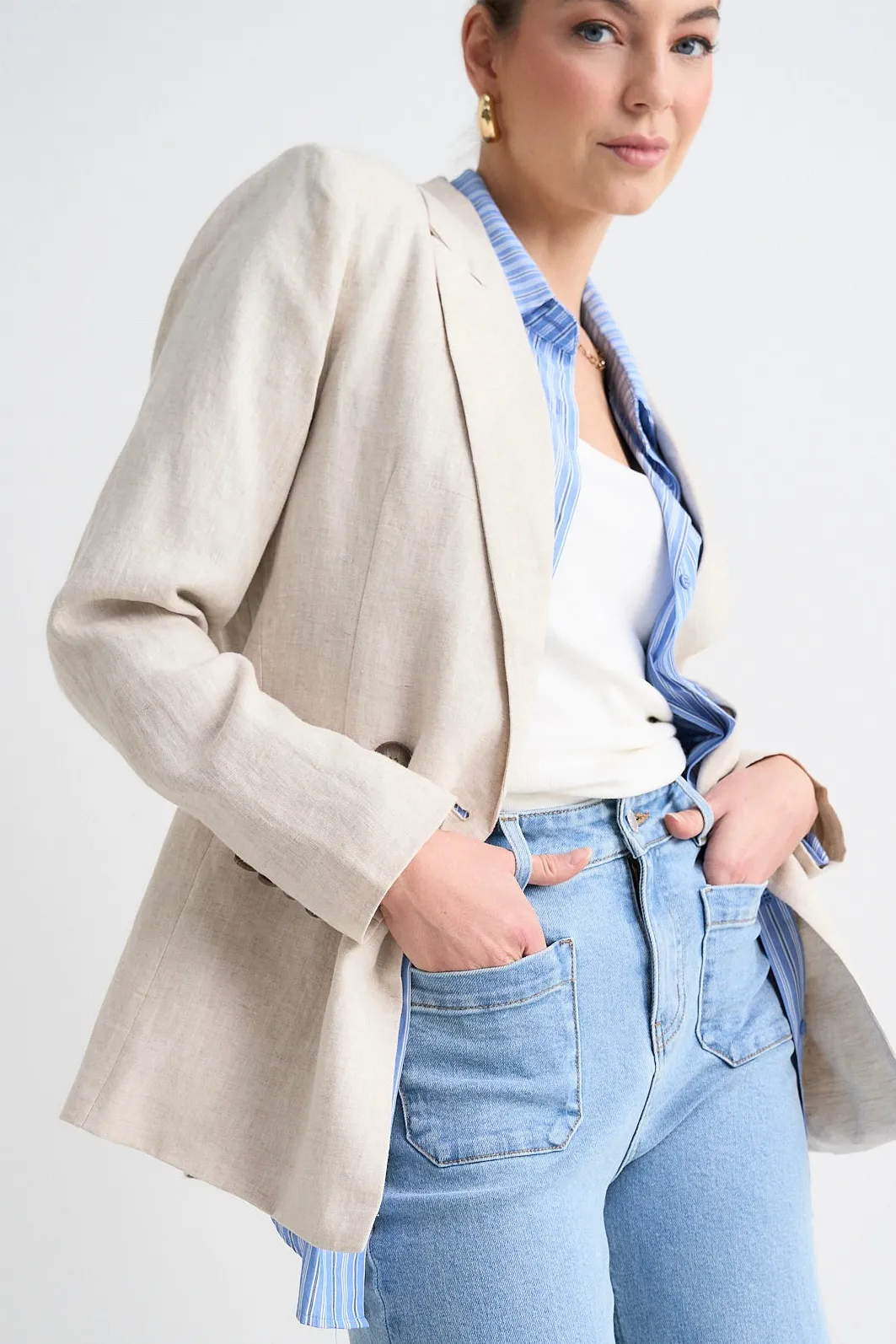 RE:UNION Label Atlas Natural Linen Double Breasted Blazer