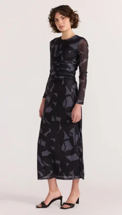 Staple The Label Aura Black Abstract Mesh LS Midi Dress