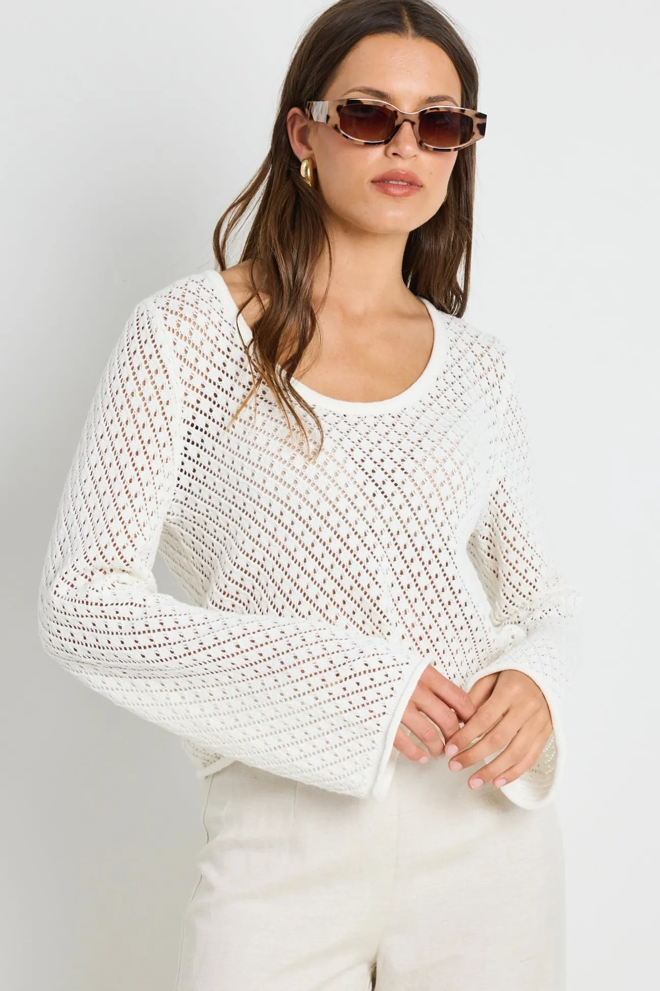 Ivy + Jack Aurora Ivory Scoop Neck Crochet Knit Jumper