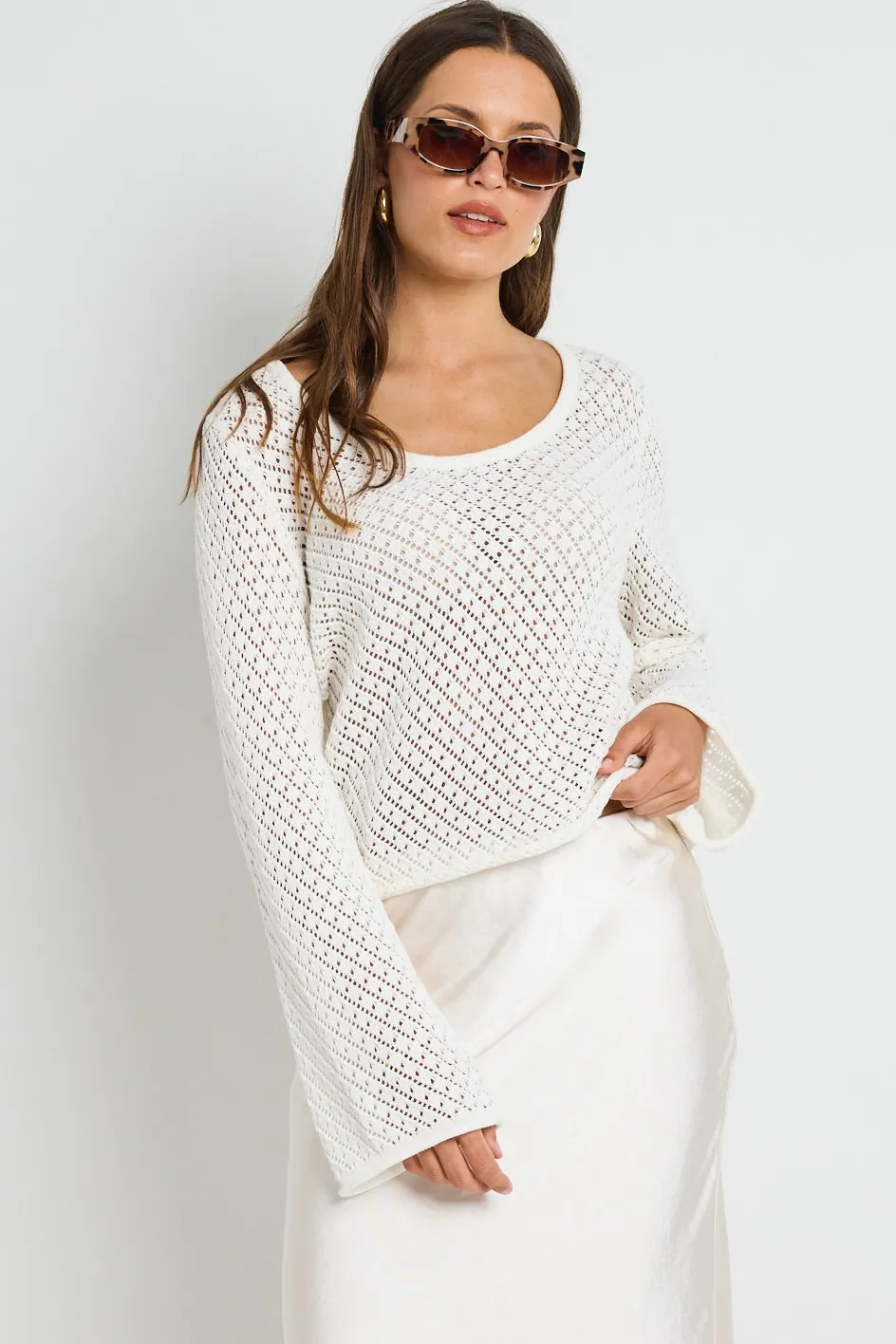 Ivy + Jack Aurora Ivory Scoop Neck Crochet Knit Jumper