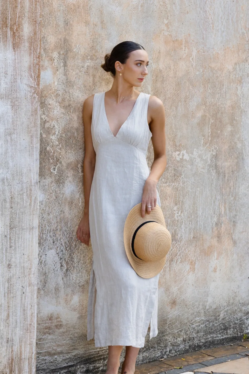 RE:UNION Label Azalea Natural Linen Sleeveless Empire Midi Dress