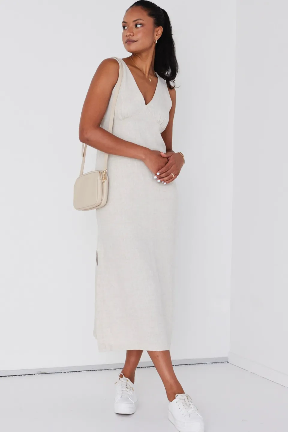 RE:UNION Label Azalea Natural Linen Sleeveless Empire Midi Dress