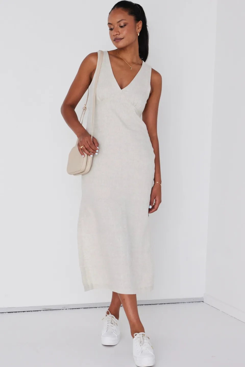RE:UNION Label Azalea Natural Linen Sleeveless Empire Midi Dress