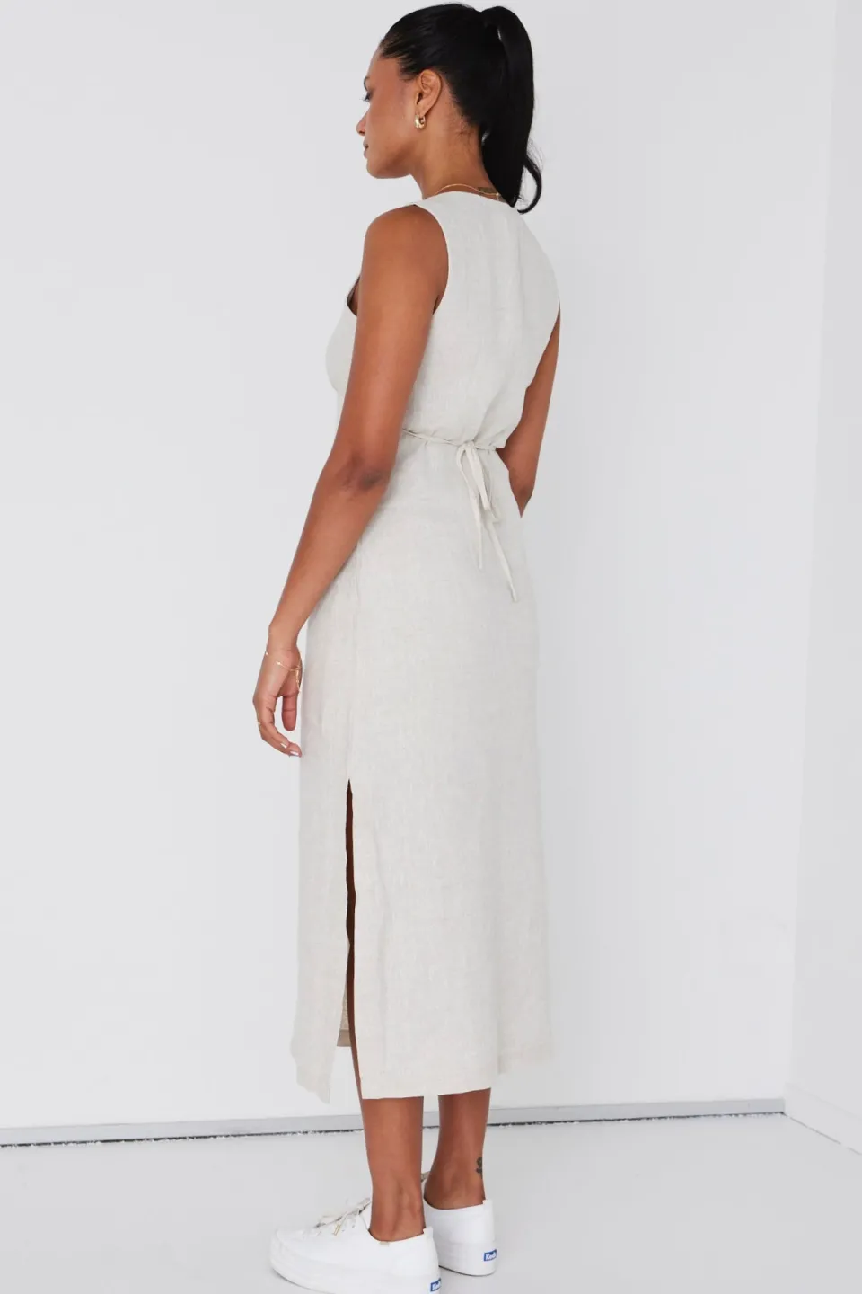 RE:UNION Label Azalea Natural Linen Sleeveless Empire Midi Dress