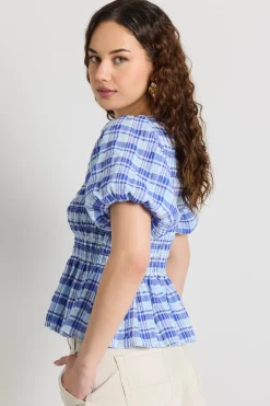 Love Lulu Beholden Blue Check Shirred Short Sleeve Top