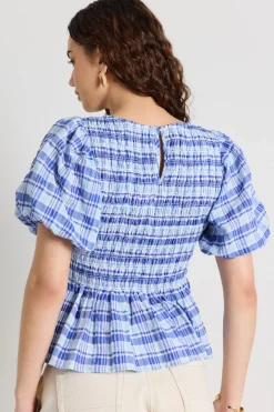 Love Lulu Beholden Blue Check Shirred Short Sleeve Top