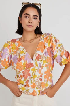 Stories be Told Believer Fruity Floral SS V Neck Top