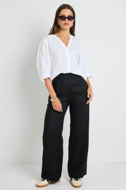 By Rosa. Bestow Black Linen Elastic Back Wide Leg Pants