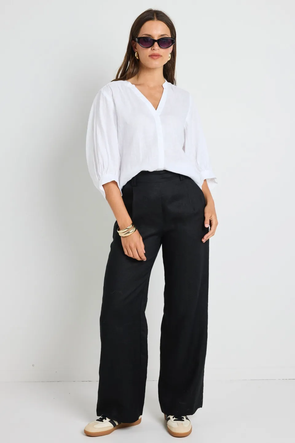 By Rosa. Bestow Black Linen Elastic Back Wide Leg Pants