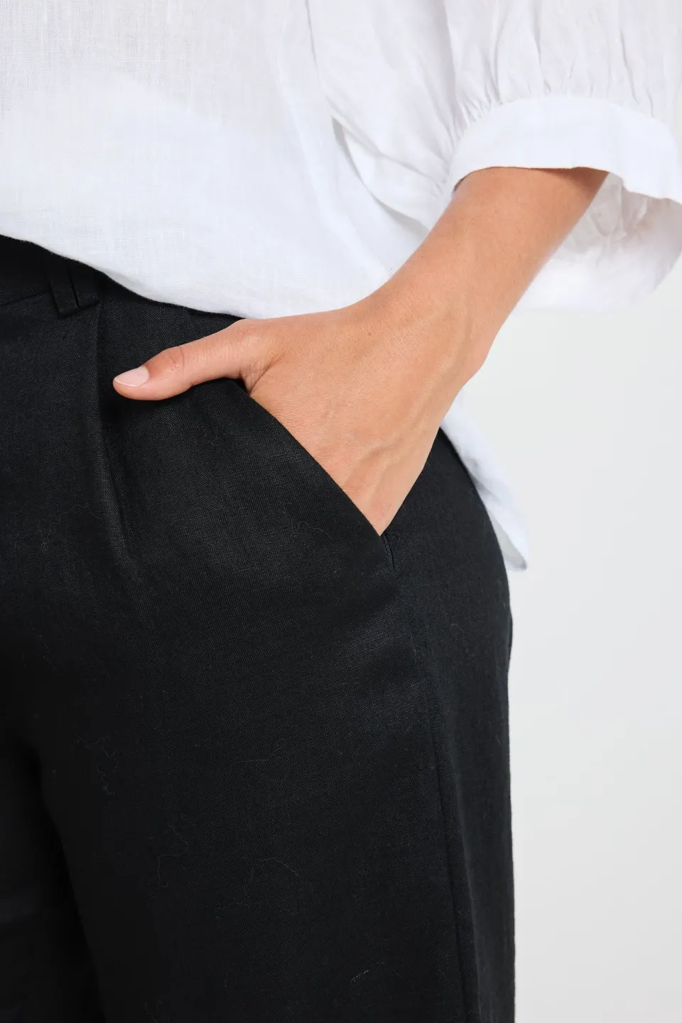By Rosa. Bestow Black Linen Elastic Back Wide Leg Pants