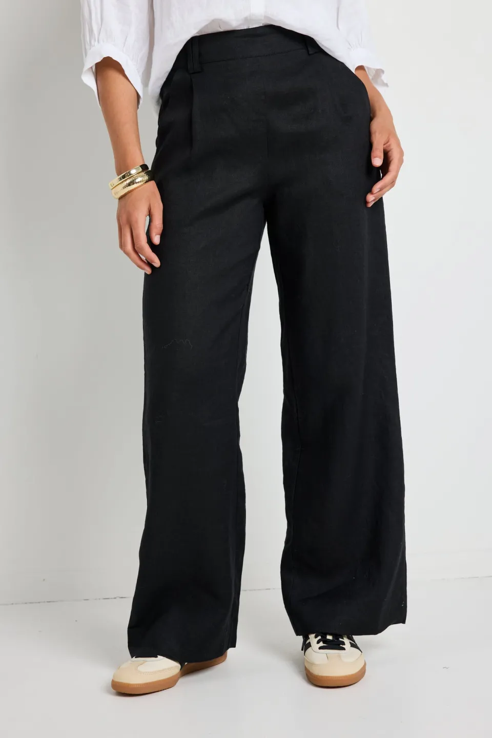 By Rosa. Bestow Black Linen Elastic Back Wide Leg Pants