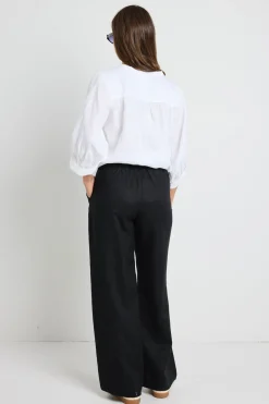 By Rosa. Bestow Black Linen Elastic Back Wide Leg Pants