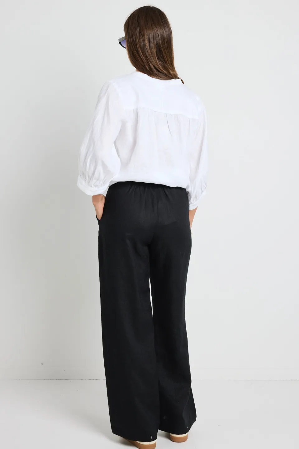 By Rosa. Bestow Black Linen Elastic Back Wide Leg Pants
