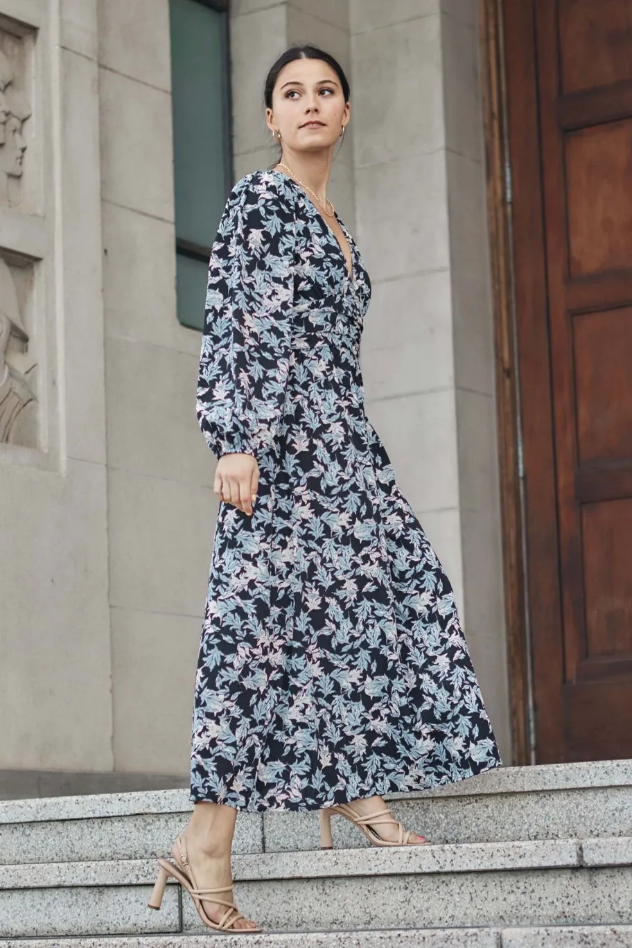 Among the Brave Better Than Ever Large Blue Floral Puff Sleeve Tiered Maxi Dress