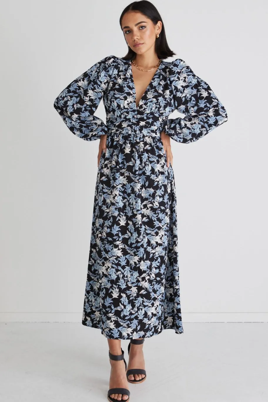 Among the Brave Better Than Ever Large Blue Floral Puff Sleeve Tiered Maxi Dress