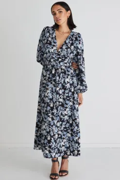 Among the Brave Better Than Ever Large Blue Floral Puff Sleeve Tiered Maxi Dress