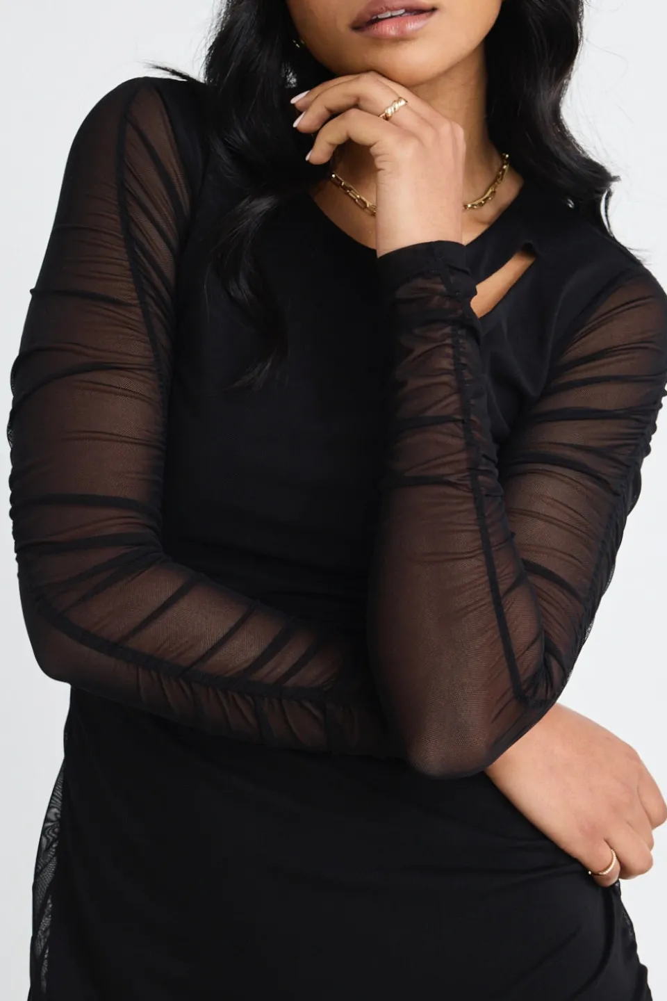 Among the Brave Between Black Mesh LS Slash Neck Maxi Dress