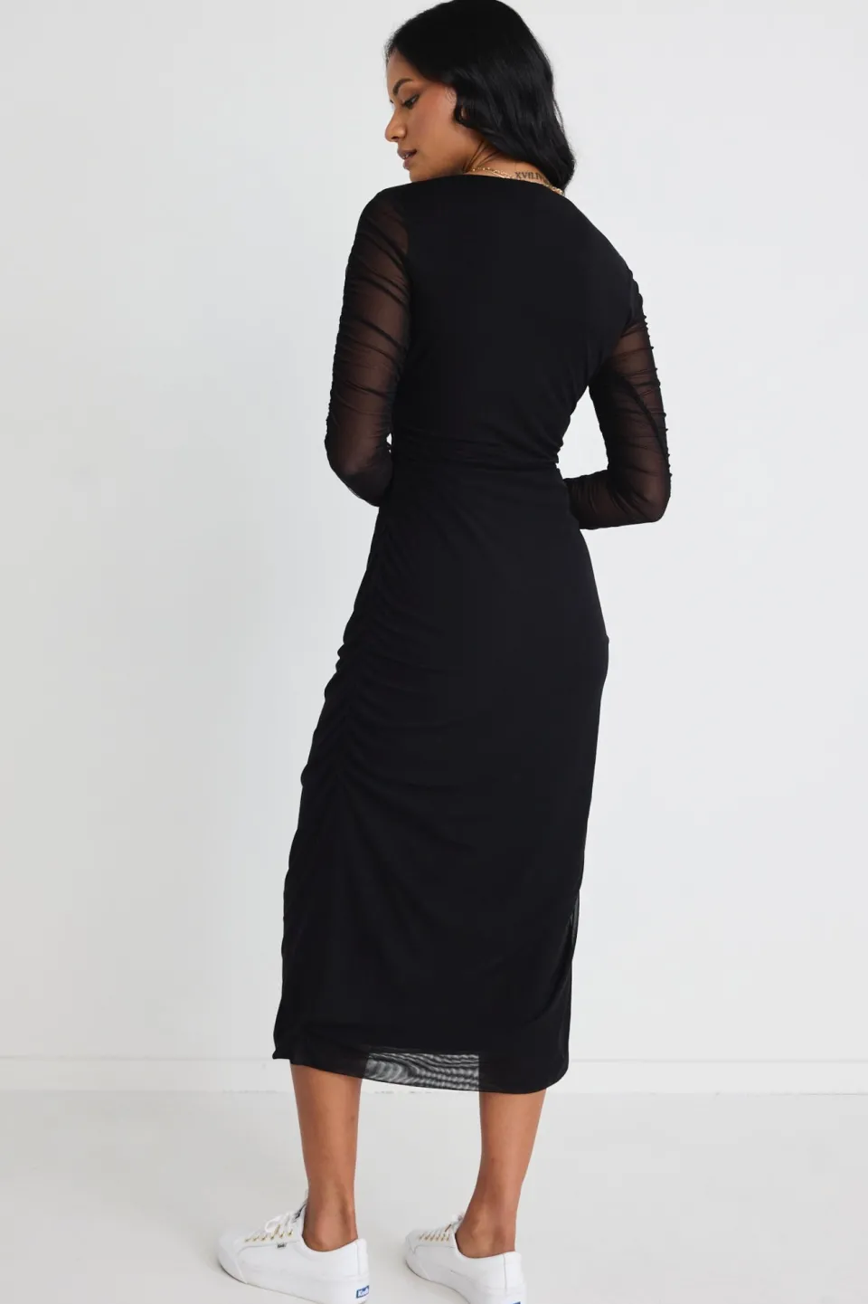 Among the Brave Between Black Mesh LS Slash Neck Maxi Dress